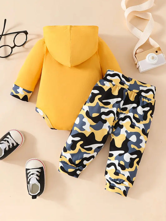 Adorable Baby Boy's Cartoon Sunglasses Hooded Bodysuit & Camo Pants Set