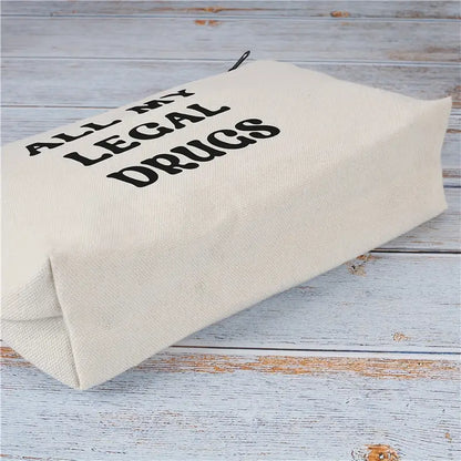 Chic Beige Canvas Cosmetic Bag with “All My Legal Drugs” Print – Zippered Travel Pouch for Medicine & Accessories