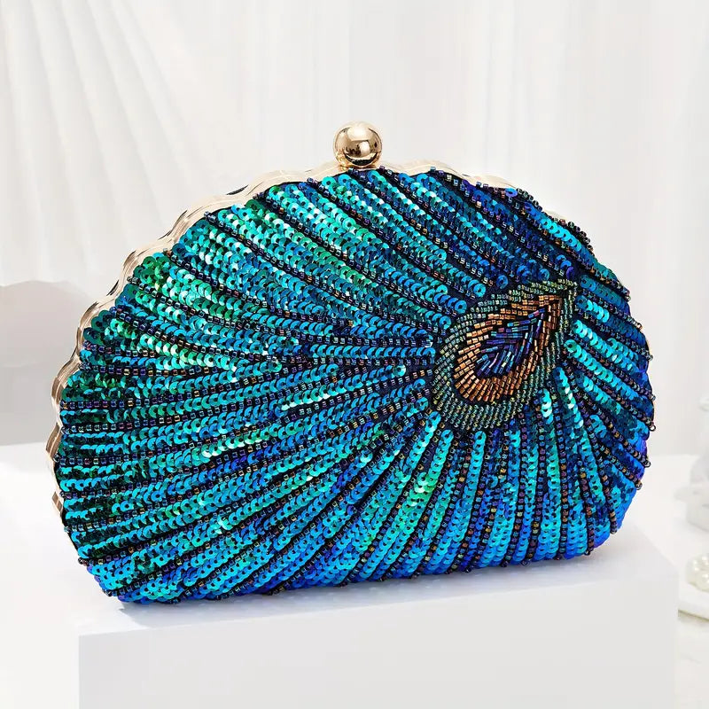 Luxury Peacock Feather Sequin Evening Party Clutch