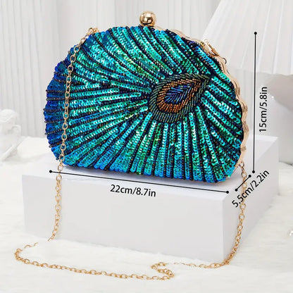 Luxury Peacock Feather Sequin Evening Party Clutch