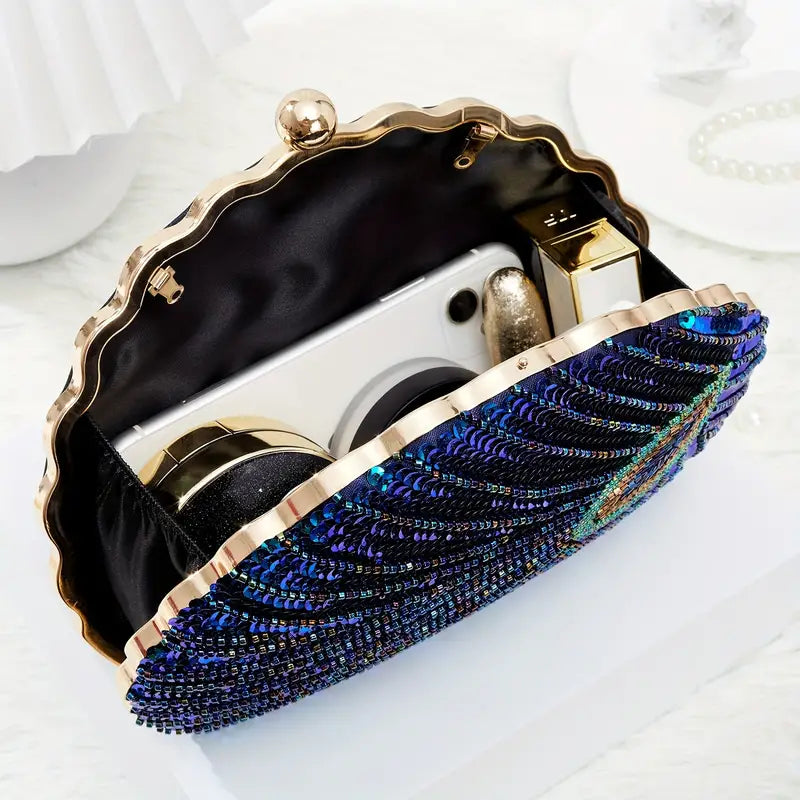 Luxury Peacock Feather Sequin Evening Party Clutch