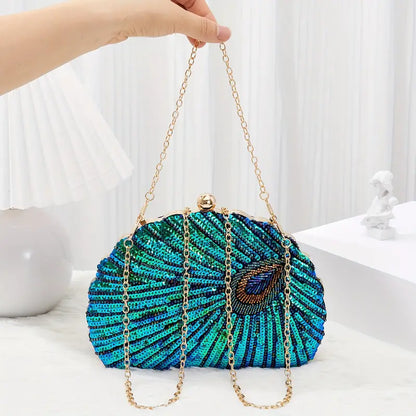 Luxury Peacock Feather Sequin Evening Party Clutch