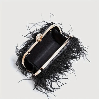 Trendy Faux Ostrich Feather Bag with Chain Strap