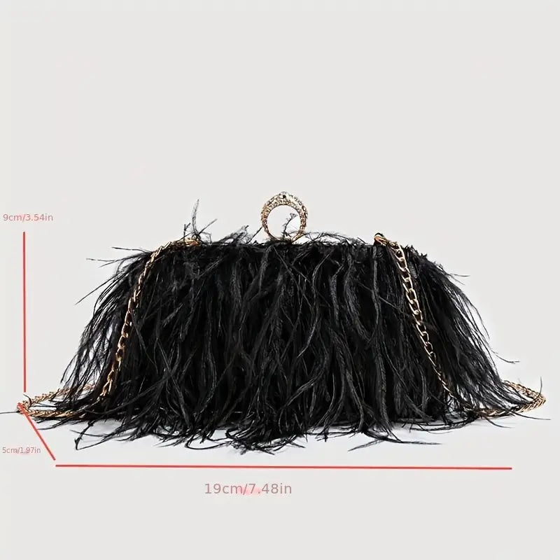 Trendy Faux Ostrich Feather Bag with Chain Strap