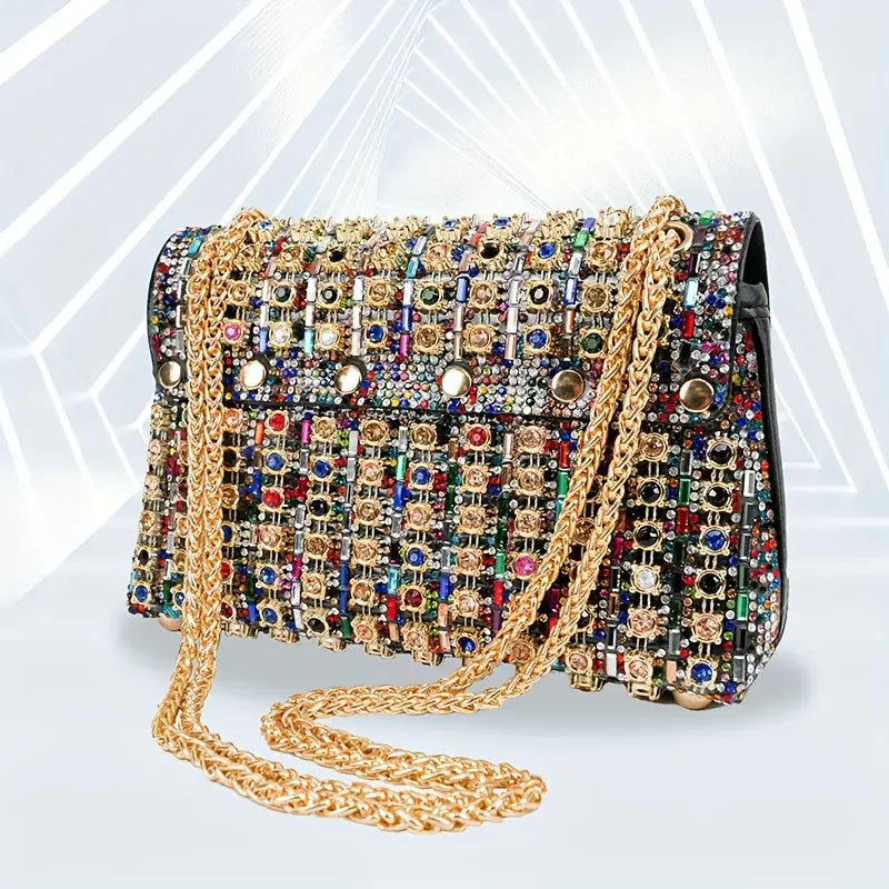 Luxury Rhinestone Crossbody Bag with Trendy Chain