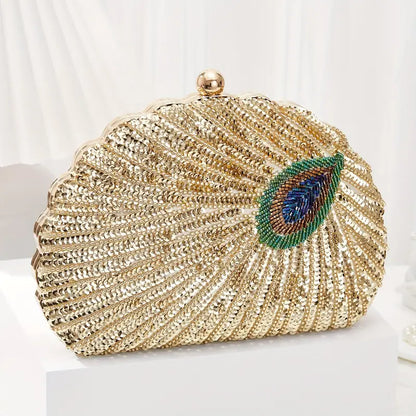 Luxury Peacock Feather Sequin Evening Party Clutch