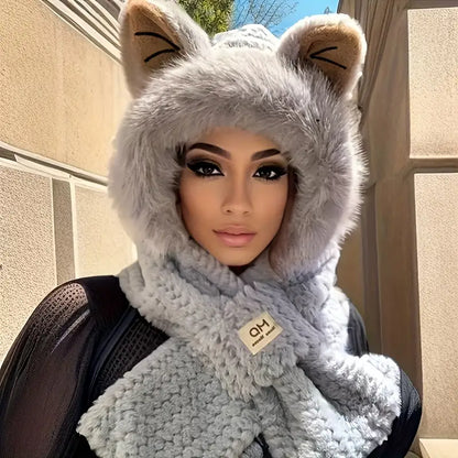 Plush Hooded Scarf with Adorable Cartoon Ears