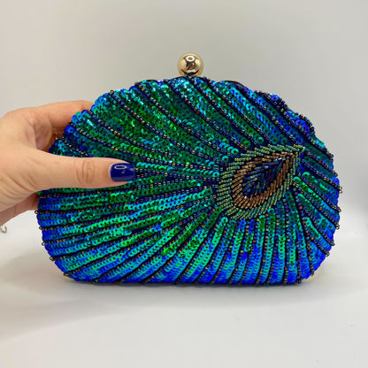 Luxury Peacock Feather Sequin Evening Party Clutch