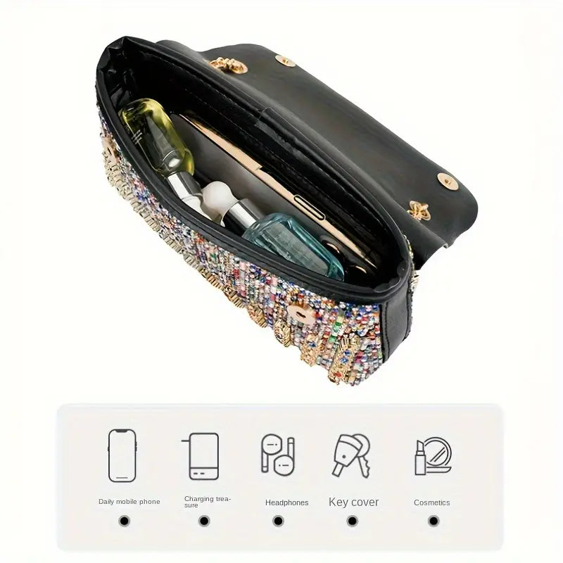 Luxury Rhinestone Crossbody Bag with Trendy Chain