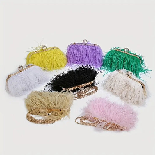 Trendy Faux Ostrich Feather Bag with Chain Strap