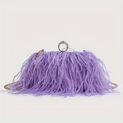 Trendy Faux Ostrich Feather Bag with Chain Strap