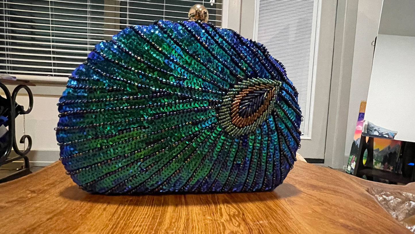 Luxury Peacock Feather Sequin Evening Party Clutch