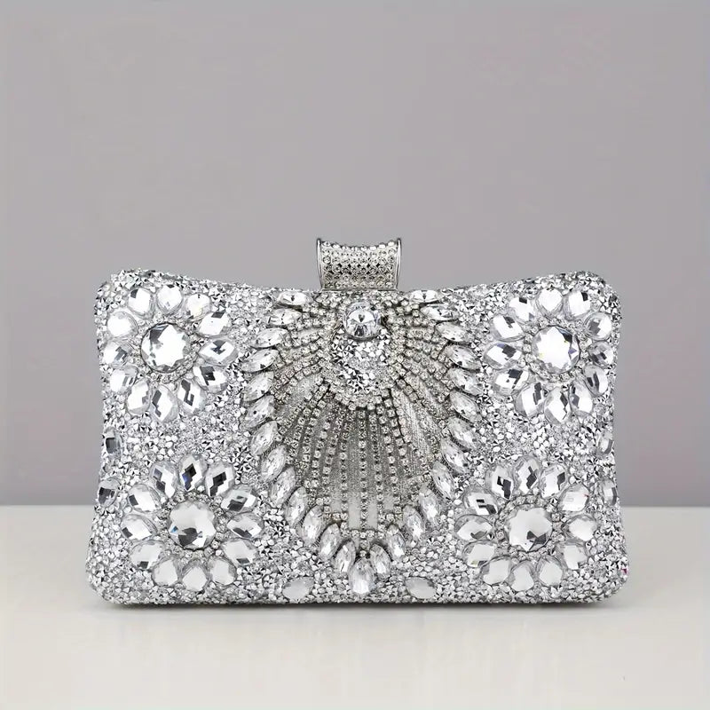 Glamorous Beaded Flower Rhinestone Tassel Clutch Purse