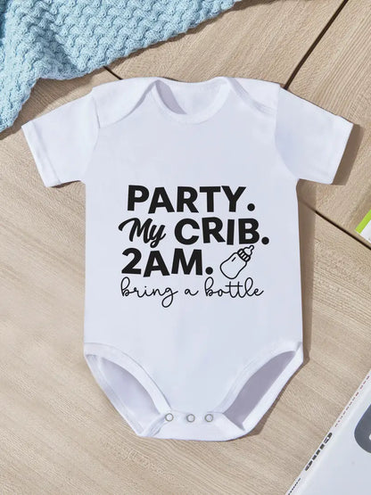 Chic "Party My Crib 2AM" Baby Bodysuit – Casual Short Sleeve Onesie for Boys