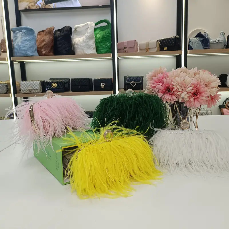 Trendy Faux Ostrich Feather Bag with Chain Strap