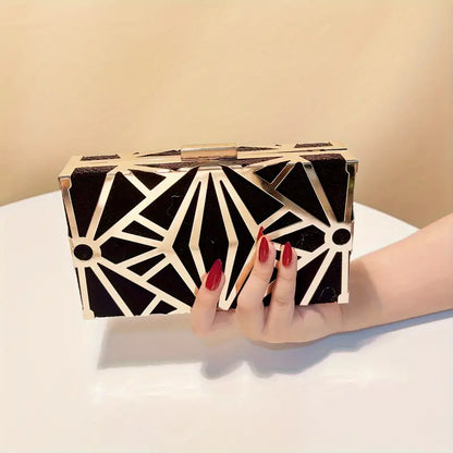 Chic Black Faux Leather Clutch with Hollow Metal Design