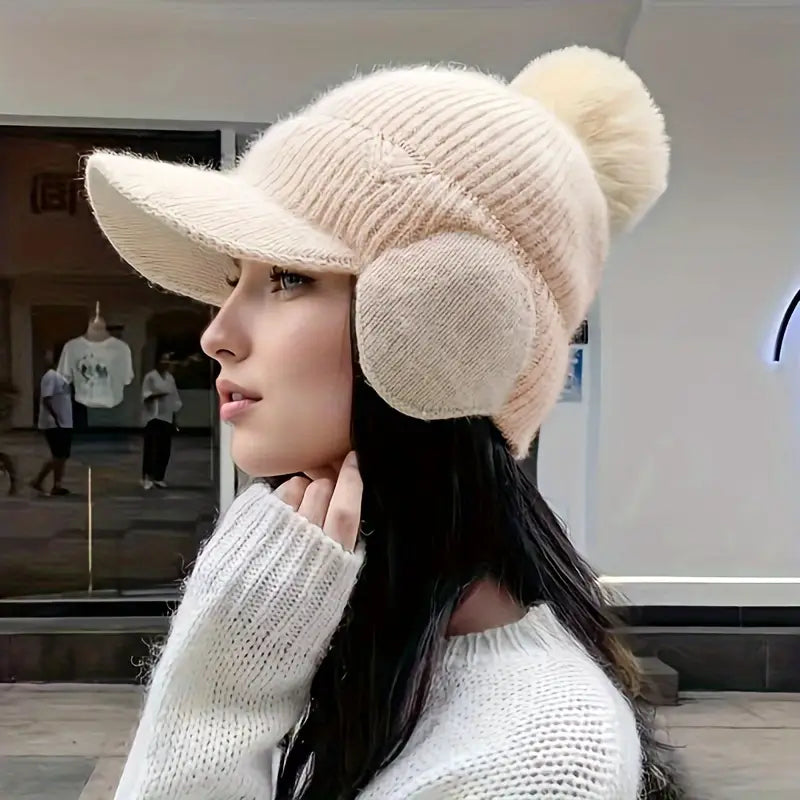 Cozy Windproof Knit Beanie with Visor for Winter