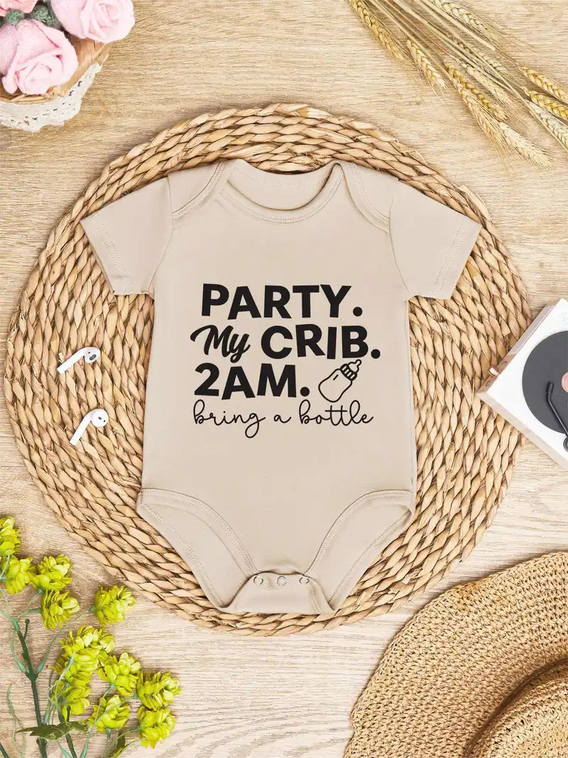 Chic "Party My Crib 2AM" Baby Bodysuit – Casual Short Sleeve Onesie for Boys