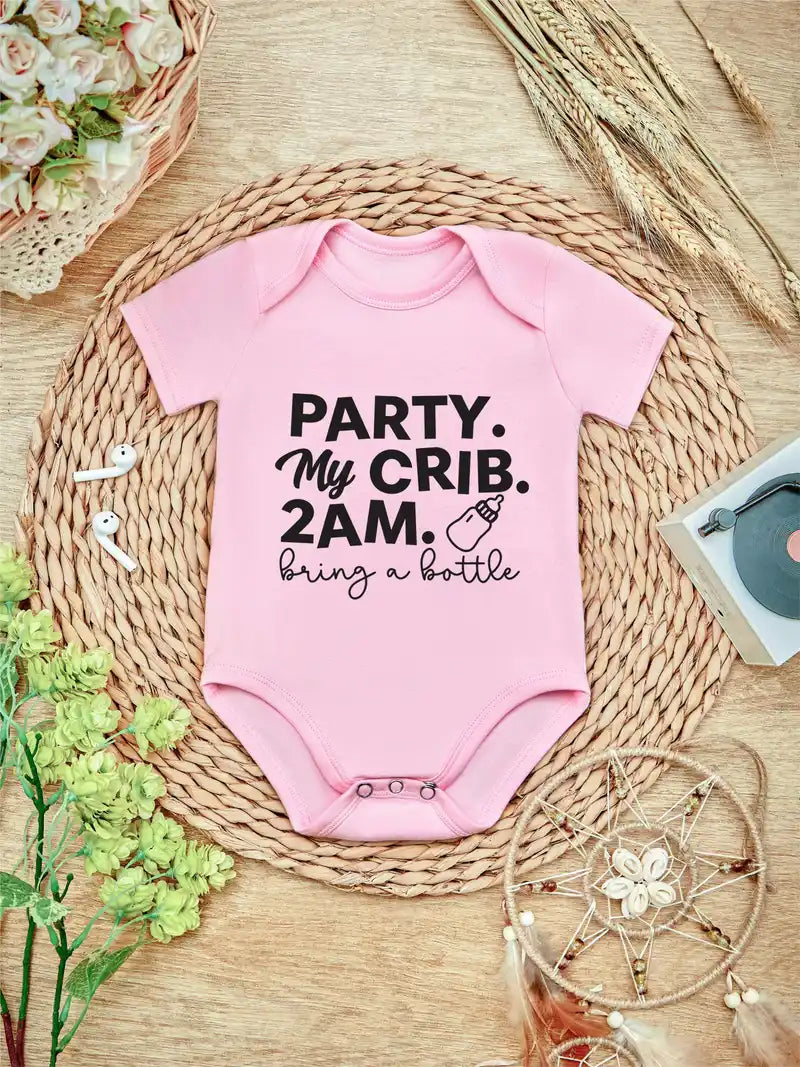 Chic "Party My Crib 2AM" Baby Bodysuit – Casual Short Sleeve Onesie for Boys