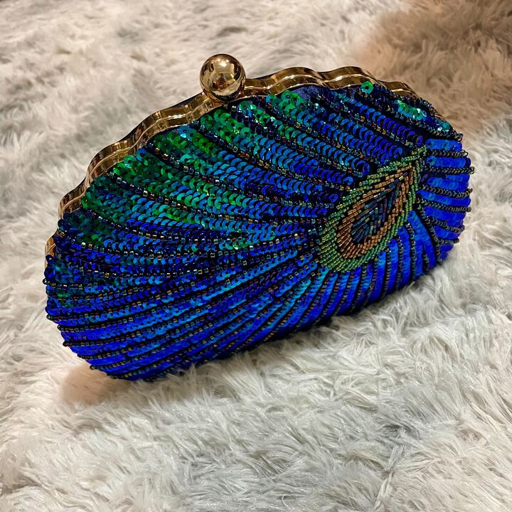 Luxury Peacock Feather Sequin Evening Party Clutch