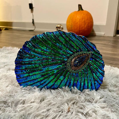 Luxury Peacock Feather Sequin Evening Party Clutch