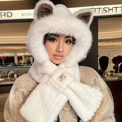 Plush Hooded Scarf with Adorable Cartoon Ears